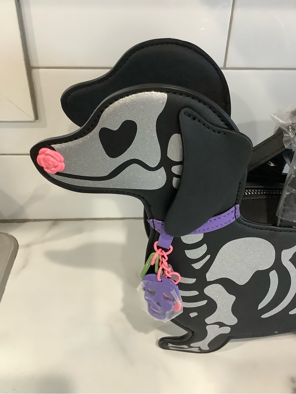 Black Dachshund Skeleton Decorative Bag - Halloween Accent - Picture 2 of 3